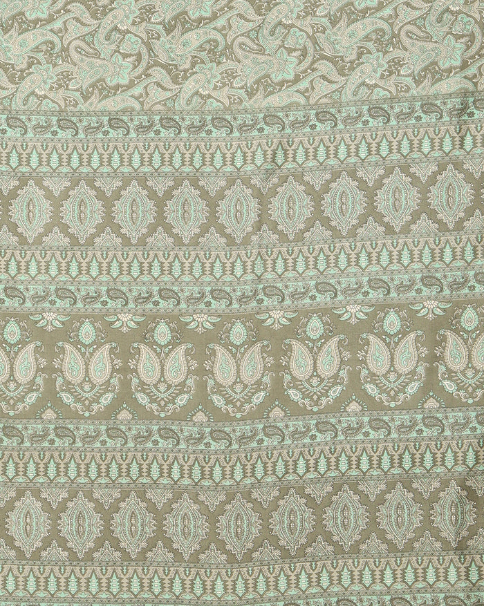 Indiehaat | Kashmiri Silk Printed Saree Sage Green & Ligh