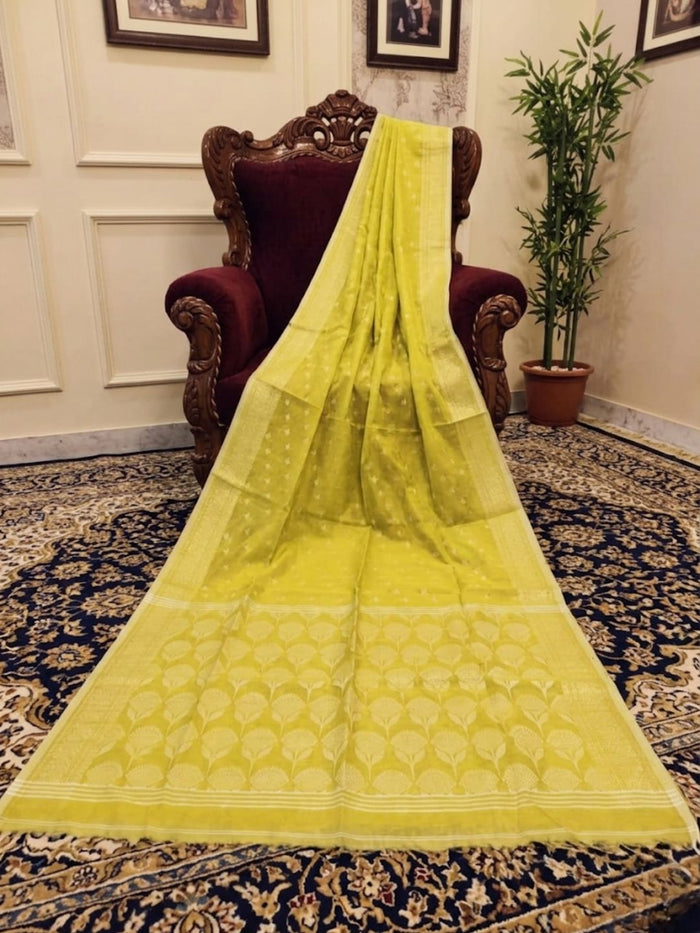 Indiehaat | Silk Linen Zari Weaving Saree Green