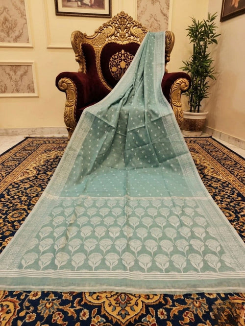 Indiehaat | Silk Linen Zari Weaving Saree Green