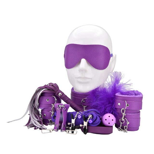 Set 11 accesorii bondage BOUNT TO PLAY Beginner's Bondage Kit, mască, cătuse, bici, frânghie, mască, clești sfârcuri, mov