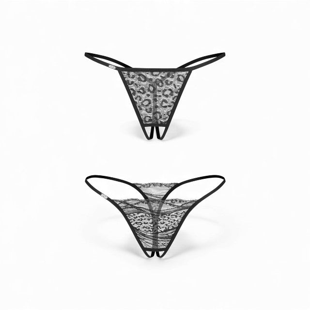 Set 2 chiloți sexy OBSESSIVE Bianca, design crotchless, model dantelă și animal print, culoare negru, mărime S/M