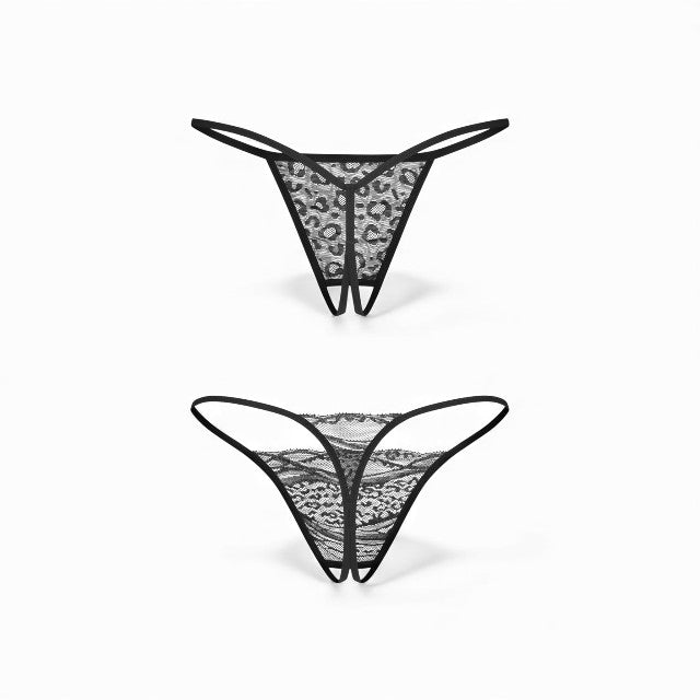 Set 2 chiloți sexy OBSESSIVE Bianca, design crotchless, model dantelă și animal print, culoare negru, mărime L/XL