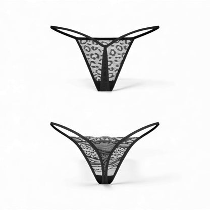 Set 2 chiloți tanga OBSESSIVE Clara, model dantelă și animal print, culoare negru, mărime L/XL