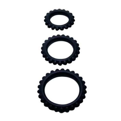 Set 3 inele pentru penis BAILE Titan, pentru întârzierea ejaculării, din silicon, diametre 1.9 cm, 2.4 cm și 2.8 cm, negru