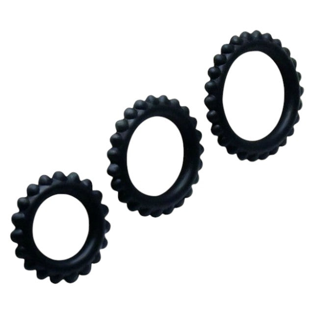 Set 3 inele pentru penis BAILE Titan, pentru întârzierea ejaculării, din silicon, diametre 1.9 cm, 2.4 cm și 2.8 cm, negru
