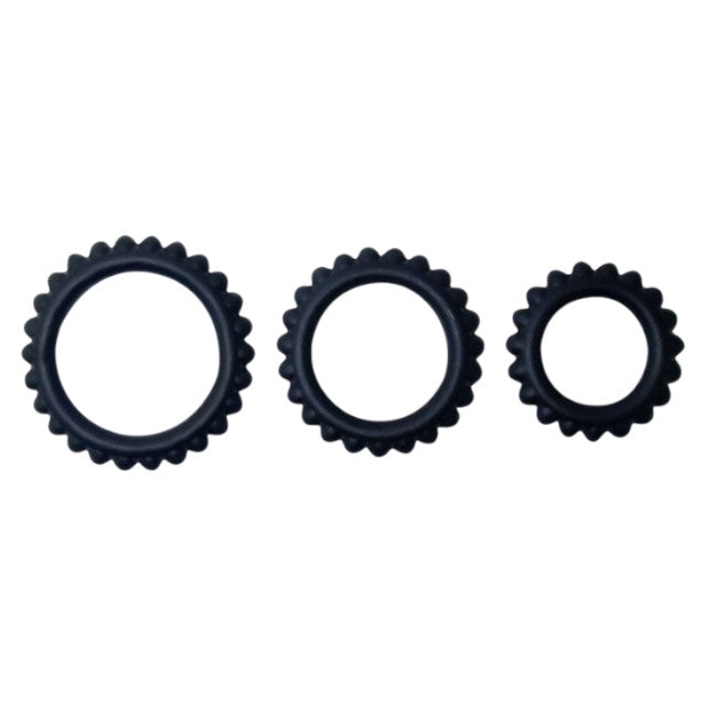 Set 3 inele pentru penis BAILE Titan, pentru întârzierea ejaculării, din silicon, diametre 1.9 cm, 2.4 cm și 2.8 cm, negru