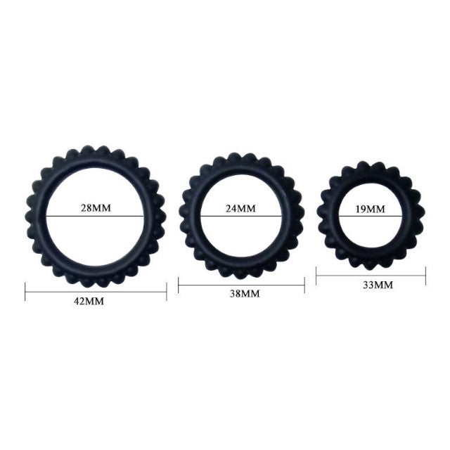 Set 3 inele pentru penis BAILE Titan, pentru întârzierea ejaculării, din silicon, diametre 1.9 cm, 2.4 cm și 2.8 cm, negru