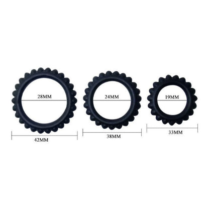 Set 3 inele pentru penis BAILE Titan, pentru întârzierea ejaculării, din silicon, diametre 1.9 cm, 2.4 cm și 2.8 cm, negru