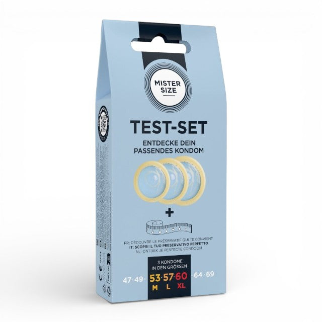 Set 3 prezervative MISTER SIZE Test Set, cu bandă de măsurare, lubrifiate, din latex, diametru 53/57/60 mm