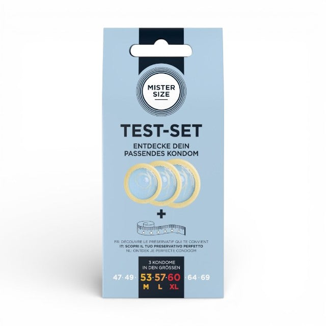 Set 3 prezervative MISTER SIZE Test Set, cu bandă de măsurare, lubrifiate, din latex, diametru 53/57/60 mm