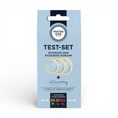 Set 3 prezervative MISTER SIZE Test Set, cu bandă de măsurare, lubrifiate, din latex, diametru 53/57/60 mm