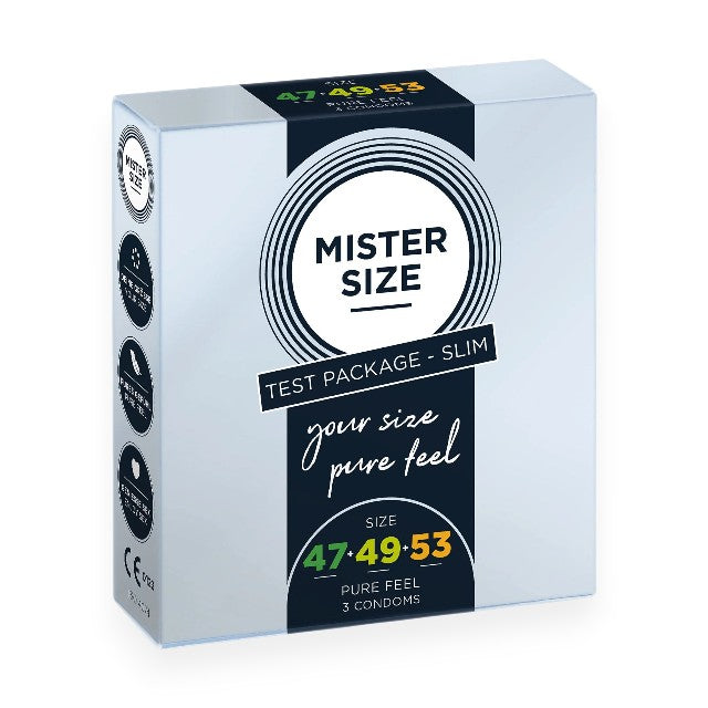 Set 3 prezervative MISTER SIZE Test Set, lubrifiate, din latex, diametru 47/49/53 mm