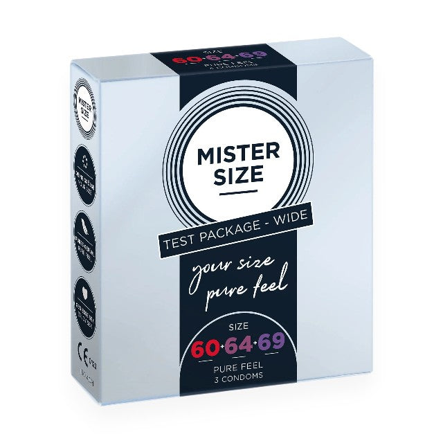 Set 3 prezervative MISTER SIZE Test Set, lubrifiate, din latex, diametru 60/64/69 mm