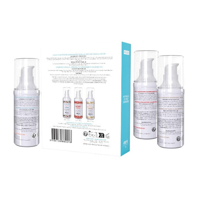 Set 3 uleiuri de masaj EXSENS Let’s Travel, cu efect de încălzire, arome de căpșuni, cocos și vanilie, 3 x 30 ml