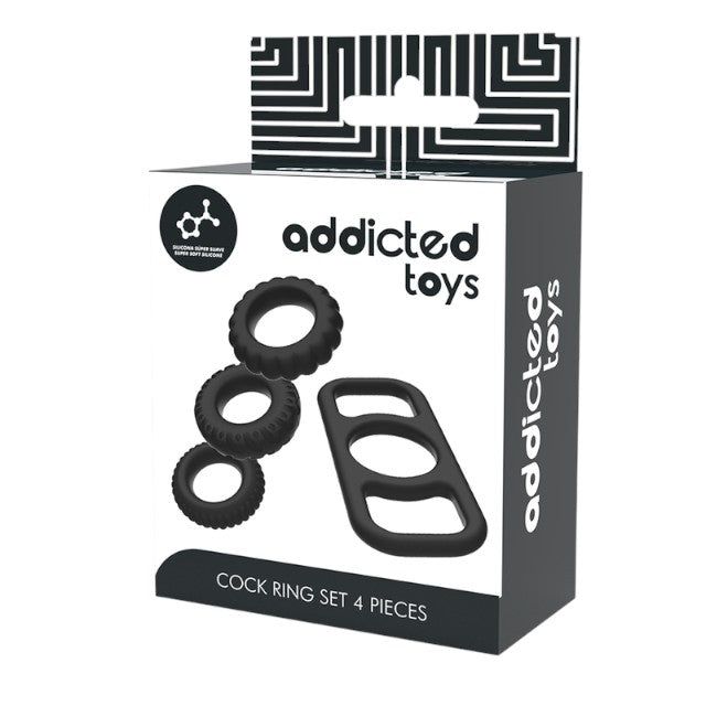 Set 4 inele pentru penis ADDICTED TOYS Cock Ring Set, din silicon flexibil, diametre progresive 2.1 - 2.8 cm, negru