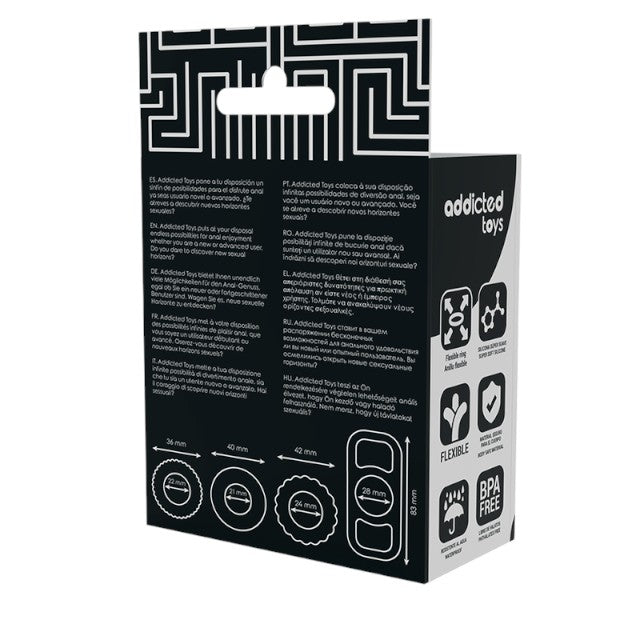 Set 4 inele pentru penis ADDICTED TOYS Cock Ring Set, din silicon flexibil, diametre progresive 2.1 - 2.8 cm, negru