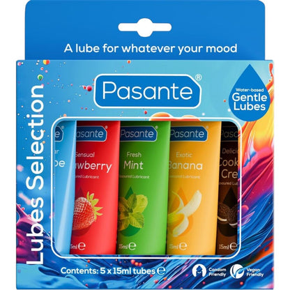 Set 5 lubrifianți PASANTE Lube Selection, pe bază de apă, textură mătăsoasă, fără parabeni, vegan, 5 arome, 5 x 15 ml