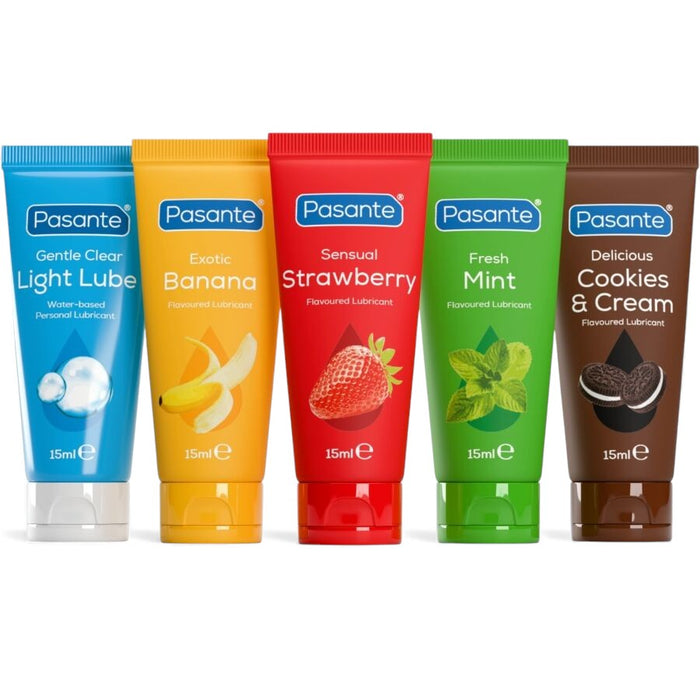 Set 5 lubrifianți PASANTE Lube Selection, pe bază de apă, textură mătăsoasă, fără parabeni, vegan, 5 arome, 5 x 15 ml
