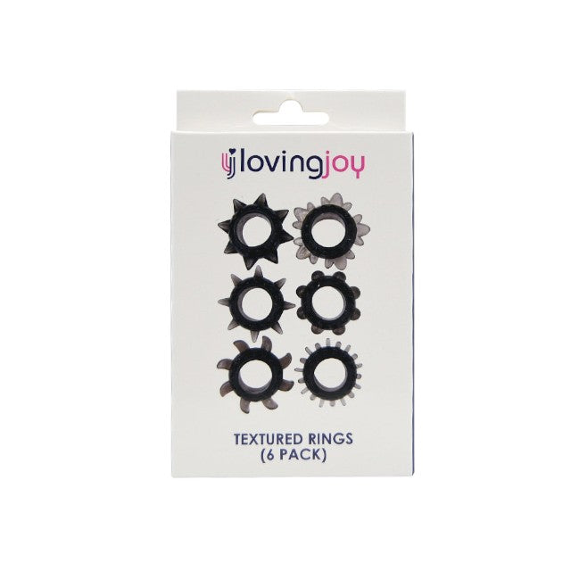 Set 6 inele pentru penis LOVING JOY Textured Rings (6 pack), din TPE, cu texturi variate, culoare negru