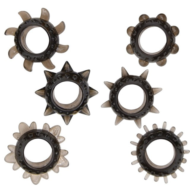 Set 6 inele pentru penis LOVING JOY Textured Rings (6 pack), din TPE, cu texturi variate, culoare negru