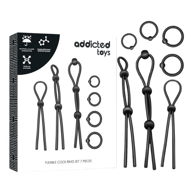 Set 7 inele pentru penis ADDICTED TOYS Flexible Cock Ring Set, pentru susținerea erecțiilor, din silicon, culoare negru