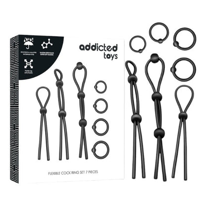 Set 7 inele pentru penis ADDICTED TOYS Flexible Cock Ring Set, pentru susținerea erecțiilor, din silicon, culoare negru