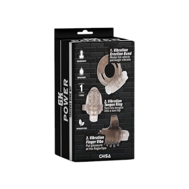 Set inele vibratoare pentru penis CHISA GK POWER Teaser Ring Kit, diametre 2 - 3.8 cm, maro transparent