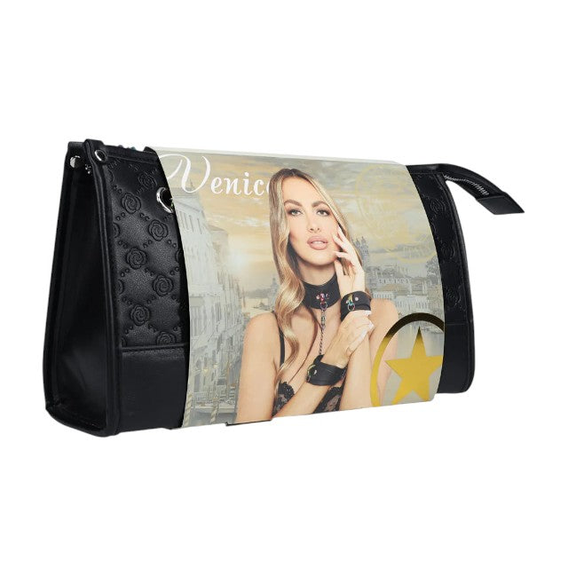 Set OUCH! Kit with Bag - Venice Collection, 9 produse pentru jocuri BDSM, cu cătușe, mască, lesă, căluș, bici și geantă, negru