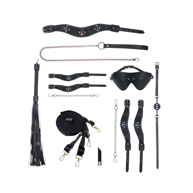 Set OUCH! Kit with Bag - Venice Collection, 9 produse pentru jocuri BDSM, cu cătușe, mască, lesă, căluș, bici și geantă, negru