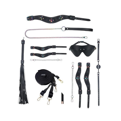 Set OUCH! Kit with Bag - Venice Collection, 9 produse pentru jocuri BDSM, cu cătușe, mască, lesă, căluș, bici și geantă, negru