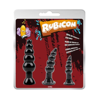 Set plug anal CHISA Rubicon Late Night Pleasure Kit, 3 dopuri anale cu ventuză pentru fixare, lungimi 12 - 18.5 cm, negru