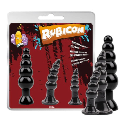 Set plug anal CHISA Rubicon Late Night Pleasure Kit, 3 dopuri anale cu ventuză pentru fixare, lungimi 12 - 18.5 cm, negru