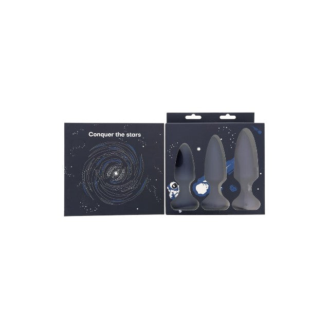 Set plug anal vibrator DREAMTOYS Startroopers Mars, 3 dopuri cu 10 funcții de vibrație, 13.5 cm – 16.5 cm, albastru