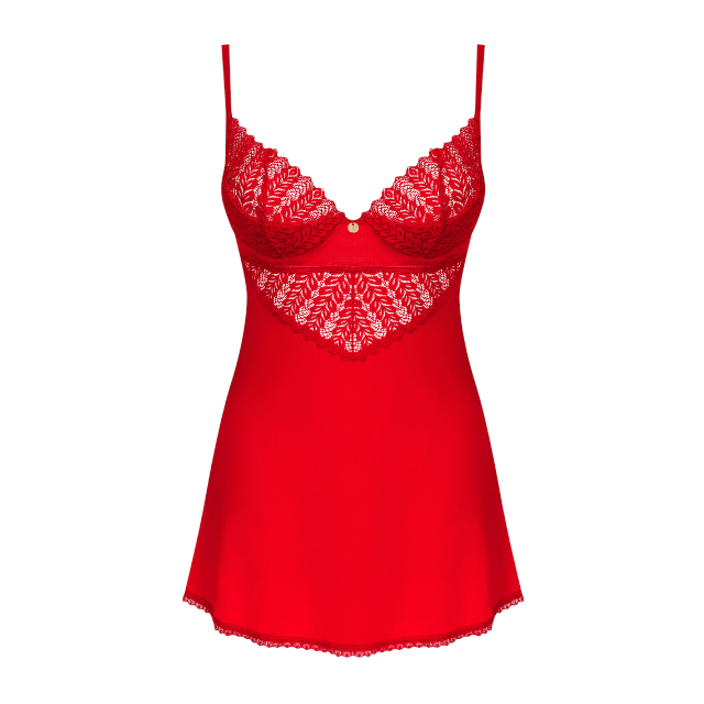 Set sexy chemise OBSESSIVE Ingridia, rochie cu dantelă + chilot sexy tanga, bretele reglabile, culoare roșu, mărime XS/S