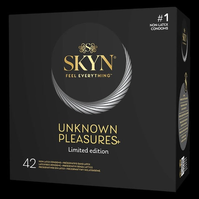 Set SKYN Unknown Pleasure +, fără latex , extra subțiri, aromate, texturate și stimulatoare, 53 ± 2 mm, 42 buc