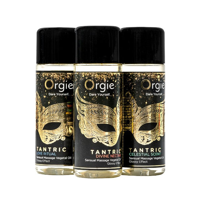 Set ulei masaj Orgie - Tantric, pentru corp, cu arome de vin alb, orhidee, fructe de padure, kiwi si capsuni, 3 x 30 ml
