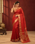 Indiehaat | Pure Maheshwari Silk Saree Red Zari Checks