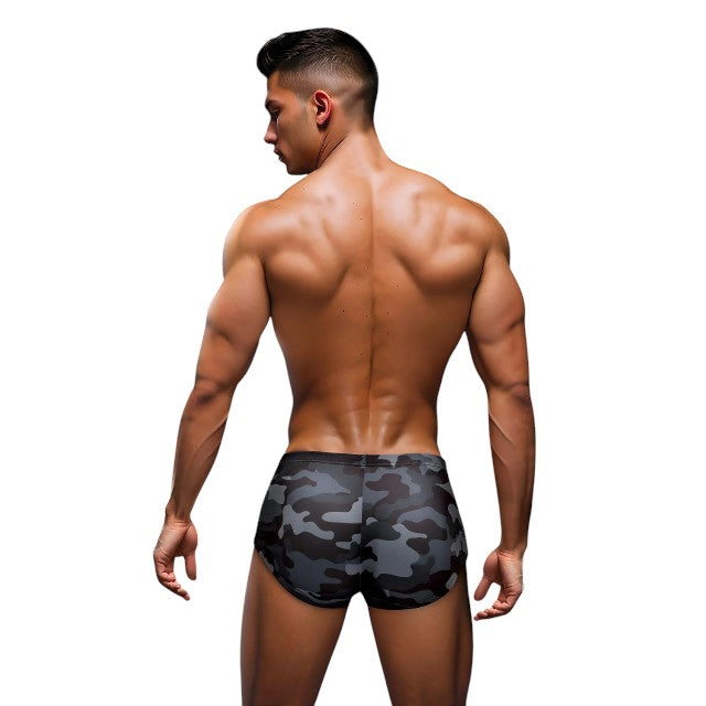 Slip de înot bărbați ENVY Camo Trunks with Dog Tag, design camuflaj cu colier de soldat, gri închis și negru, mărime S/M