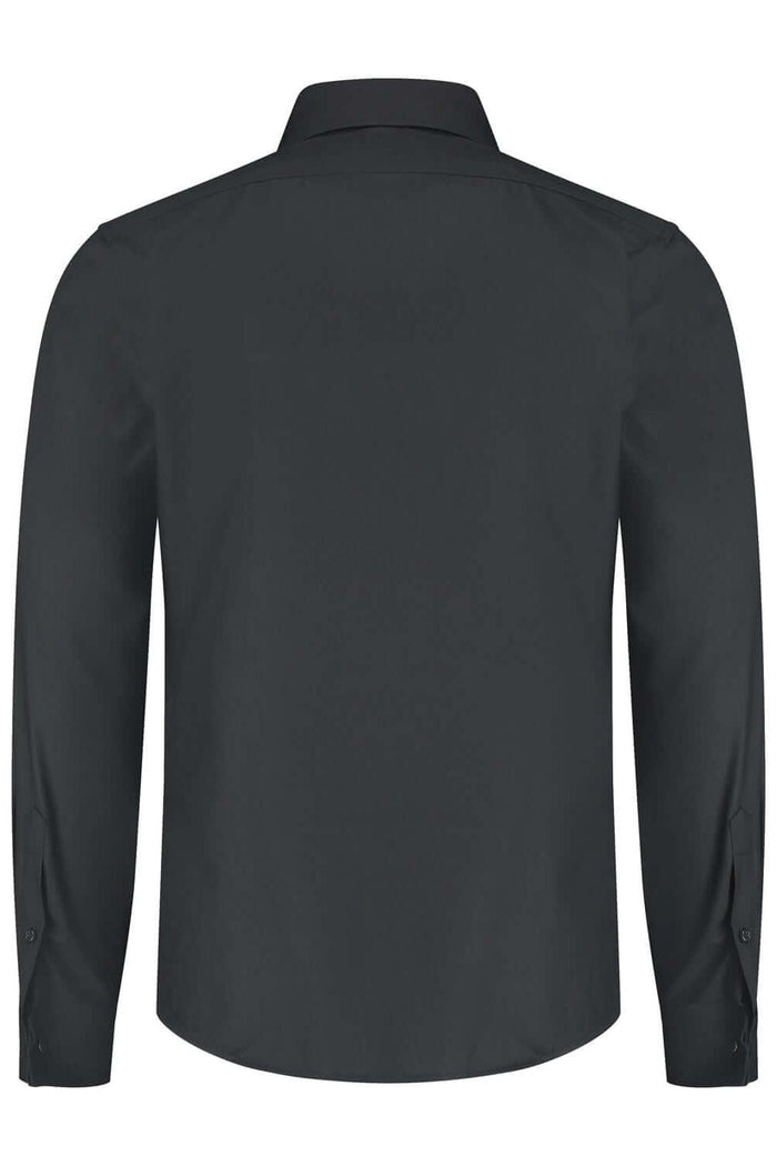 A sleek black Smoking overhemd plat glad zwart with a hidden button closure and smooth finish, viewed from the back.