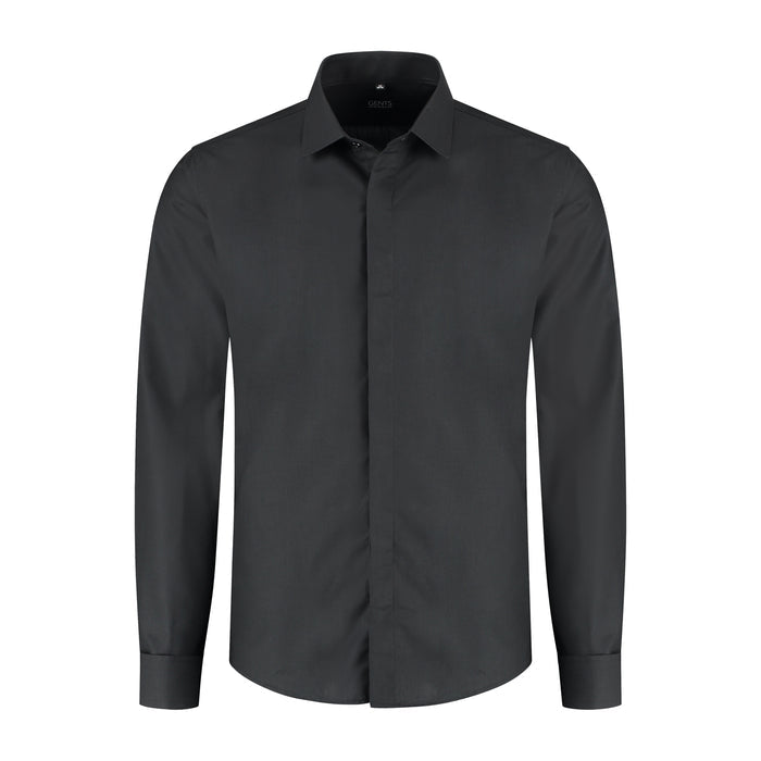 Smoking overhemd plat glad zwart met verborgen knoopsluiting en gladde afwerking, stijlvolle zwarte blouse.