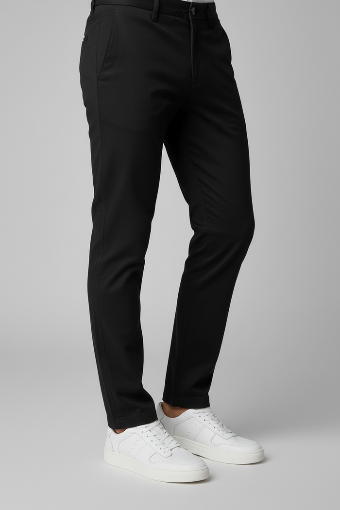 Man wearing black pants and Sneaker leder wit on a gray background.