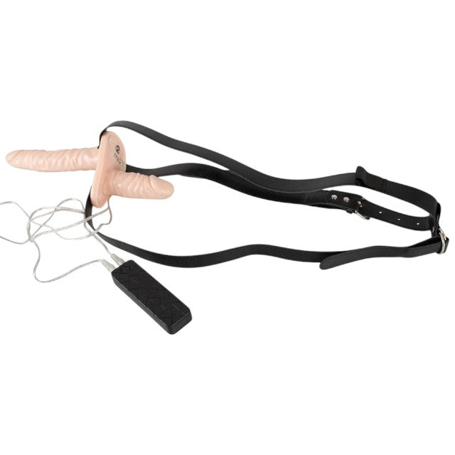 Strap-on cu vibrator dublu YOU2TOYS Strap On Duo Vibes, cu vibrații multiple, control prin telecomandă, culoarea pielii