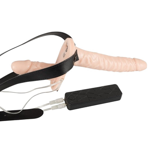 Strap-on cu vibrator dublu YOU2TOYS Strap On Duo Vibes, cu vibrații multiple, control prin telecomandă, culoarea pielii