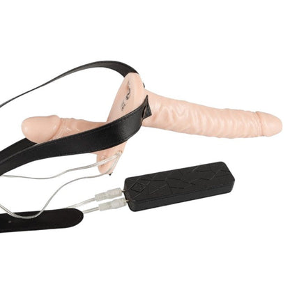 Strap-on cu vibrator dublu YOU2TOYS Strap On Duo Vibes, cu vibrații multiple, control prin telecomandă, culoarea pielii
