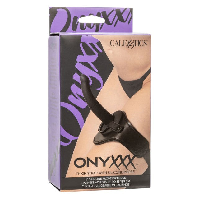 Strap-on pentru picior CALEXOTICS Onyxxx Thigh Strap with Silicone Probe, cu dildo inclus, lungime 12.7 cm, negru