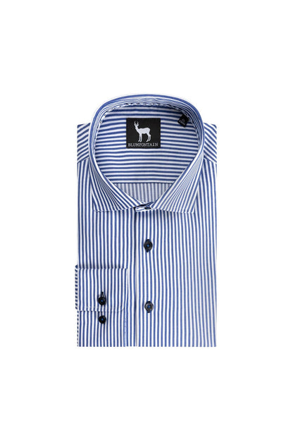 Streep blauw-wit verticale katoenen overhemd met semi-spread kraag, perfect voor casual en zakelijke outfits.
