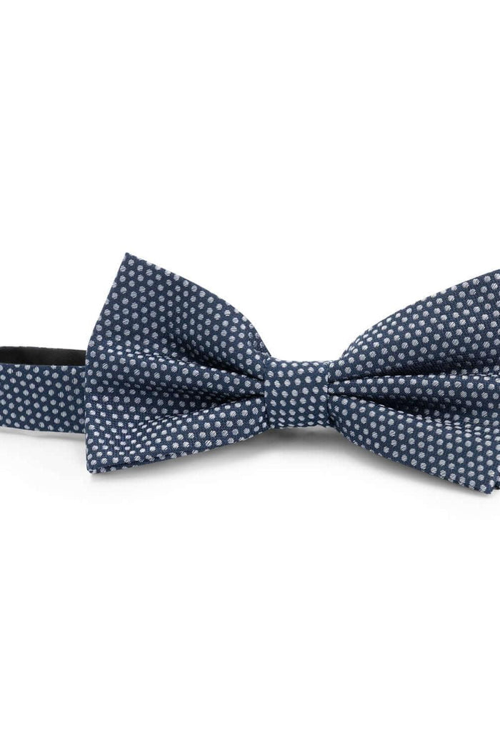 Strik zijde print stippel blauw, blauwe zijden vlinderdas met stipdessin, 100% zijde.