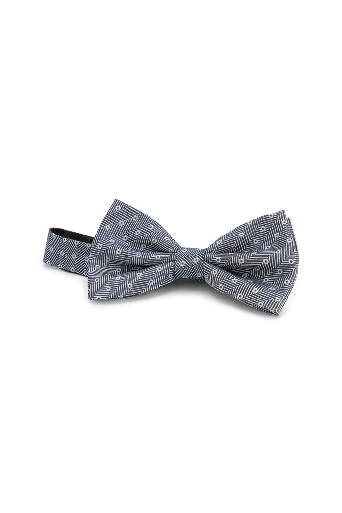 Strik zijde print stippel blauw, blauwe zijde strik met visgraat- en stipdessin, voorgevormd en verstelbaar.