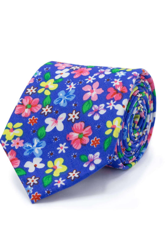 Stropdas blauw bloempatroon katoen met bloemendessin voor formele herenkleding.