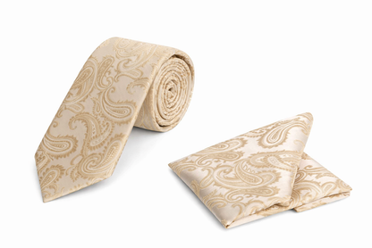 Stropdas + Pochet  - Champagnebeige (Paisley) in elegant paisley design.